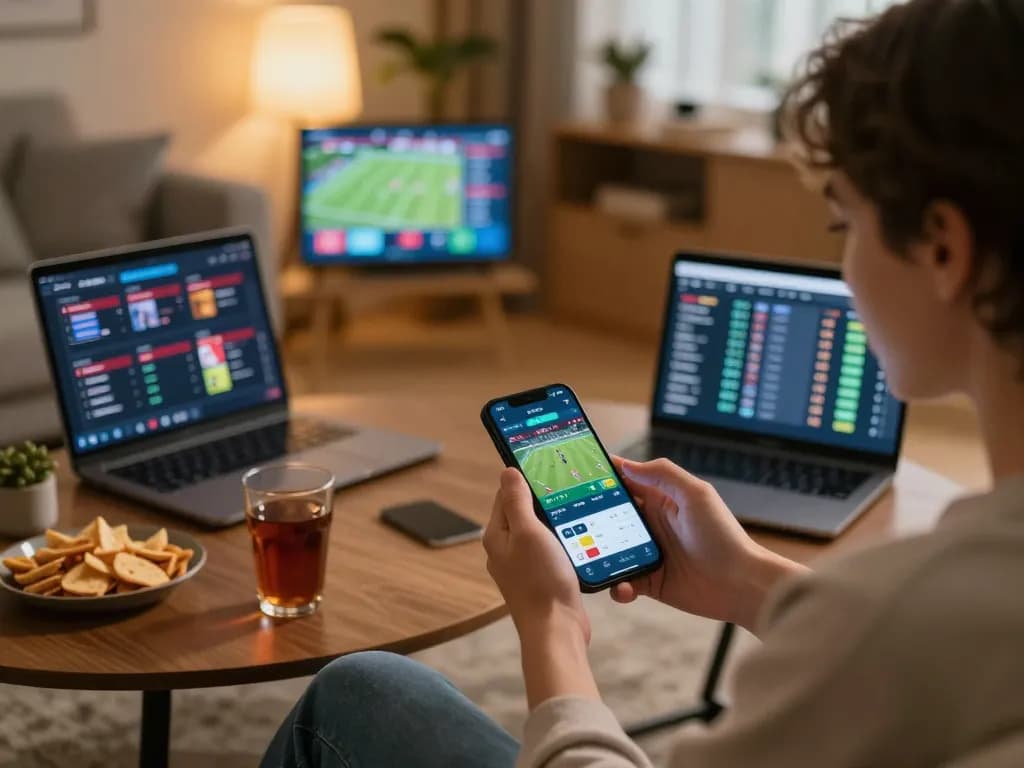 Person strategizing sports betting on smartphone at trang chủ sc88 in cozy setting
