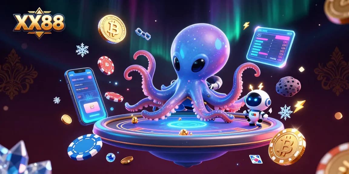 Engage in thrilling gameplay at XX88 casino with 3D alien octopus operating holographic poker tables.