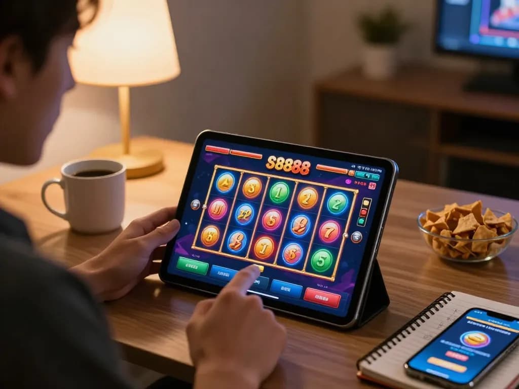 Engaging player interacting with slot88 game on tablet, showcasing vibrant online gambling atmosphere.