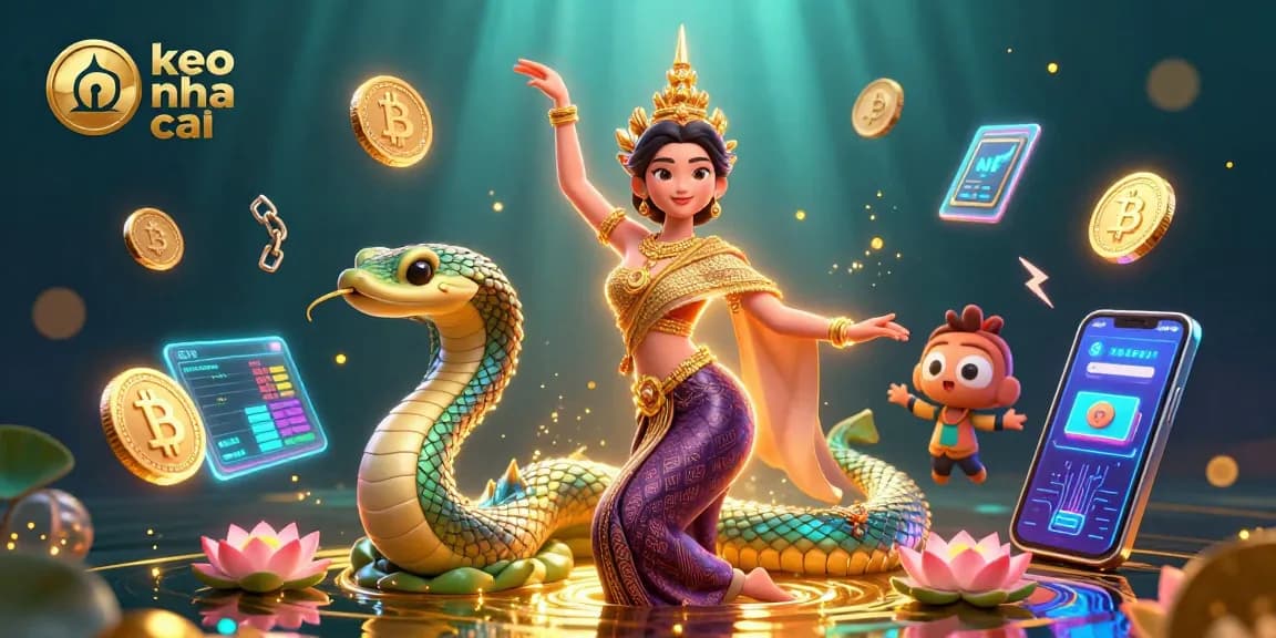 Engage with keo nha cai in this vibrant illustration featuring a graceful dancer, Naga serpent, and thrilling casino elements.