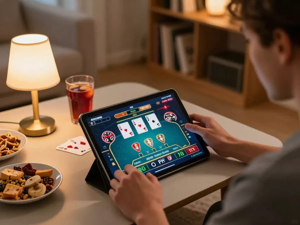 Player engaging with betbet via tablet at home for online poker, cozy and strategic gaming setup.