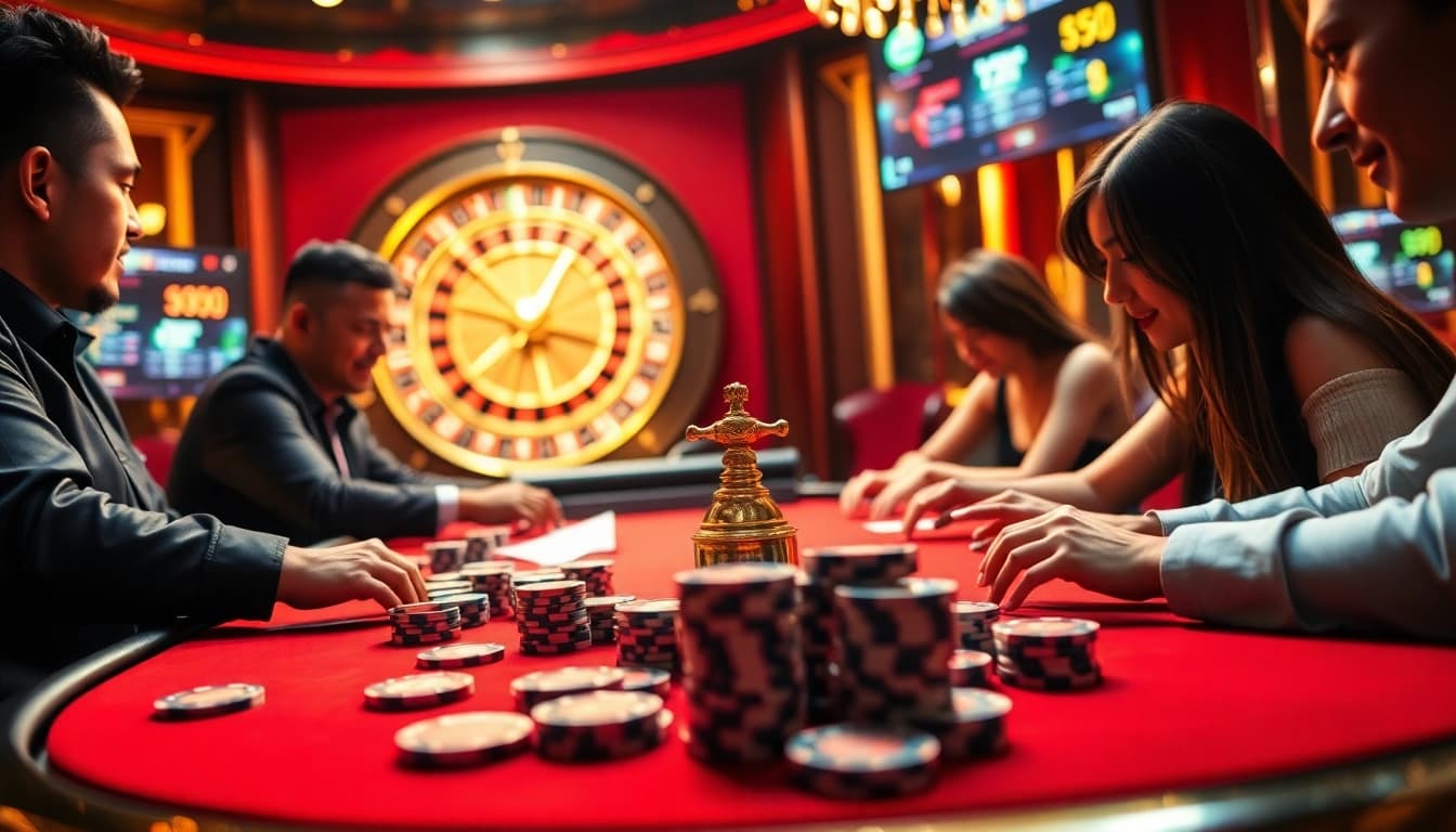 Players enjoying an intense game of poker at a pokergacor table with vibrant colors.