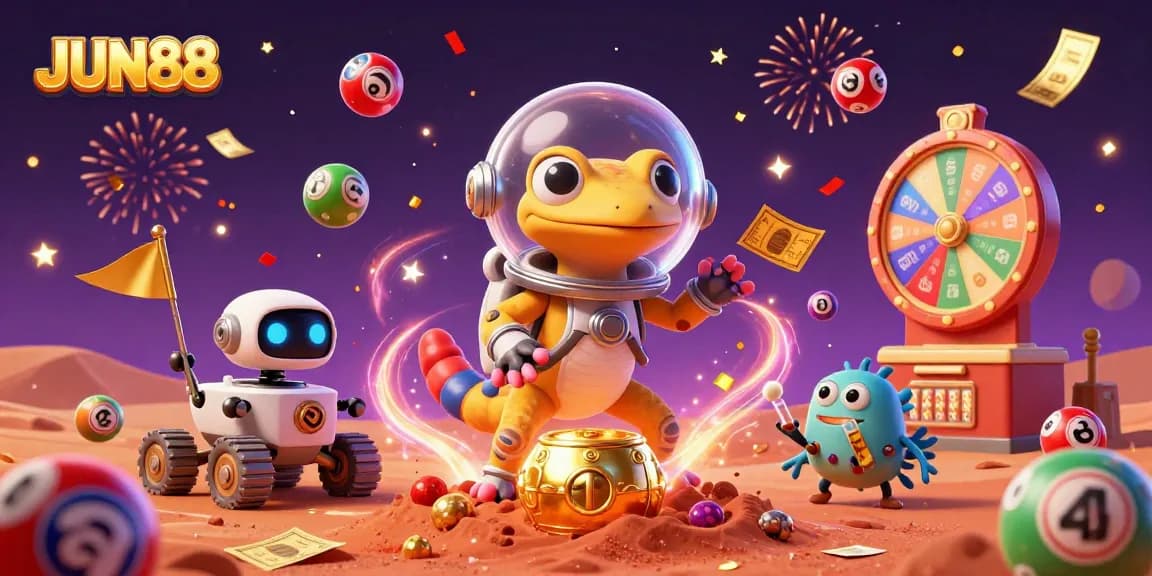 Experience excitement with JUN88 as the Martian gecko uncovers a golden casino in this vibrant illustration.