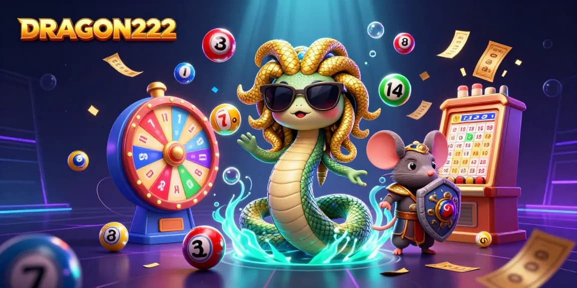 Engage with DRAGON222's casino excitement through a vibrant, dynamic illustration of a friendly Medusa and strong warrior.