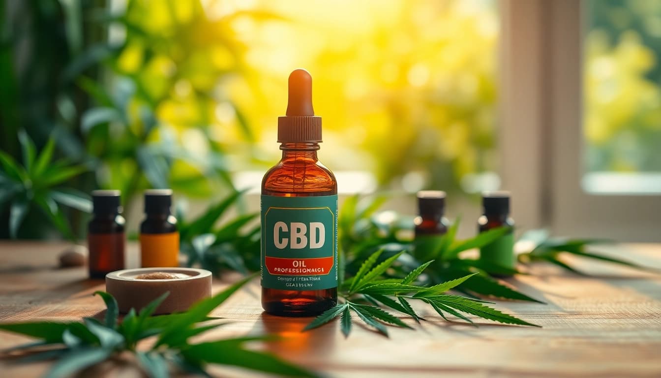 Showcasing CBD Oil bottle with fresh hemp leaves in a bright, inviting setting
