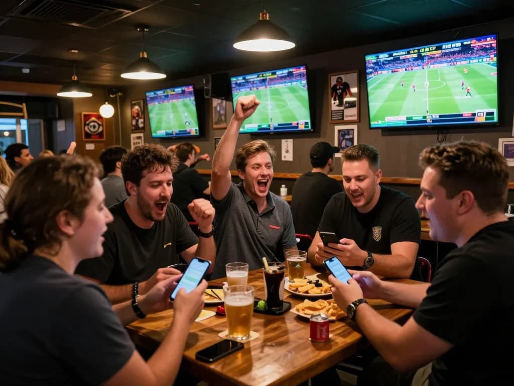 Betting on live sports at a packed bar featuring Rikvip’s interface on smartphones.