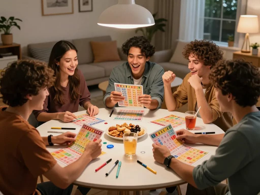 Friends excitedly playing lô đề at home, discussing lucky numbers and betting strategies.