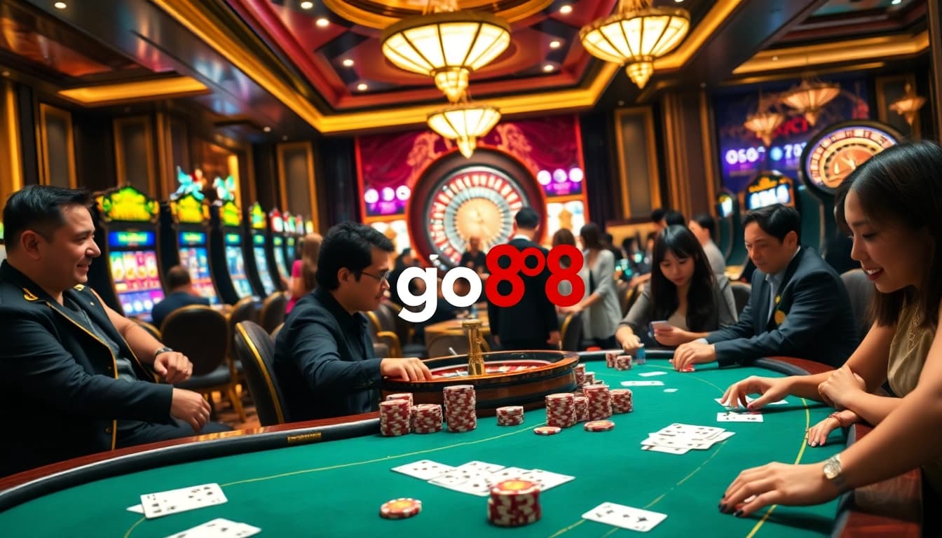 Experience the thrill of tải go88 with vibrant casino tables, engaged players, and flashing slot machines in a luxurious setting.