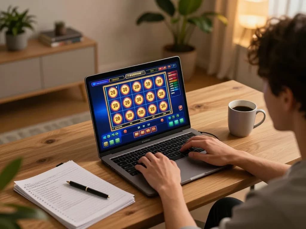 Engaging in exciting online slot games with slot depo 10k options on a cozy setup, reflecting strategic gambling.