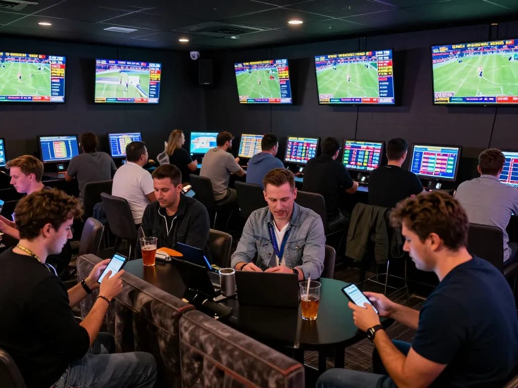 Fans engaging in live sports betting at a lounge, showcasing keonhacai excitement and teamwork
