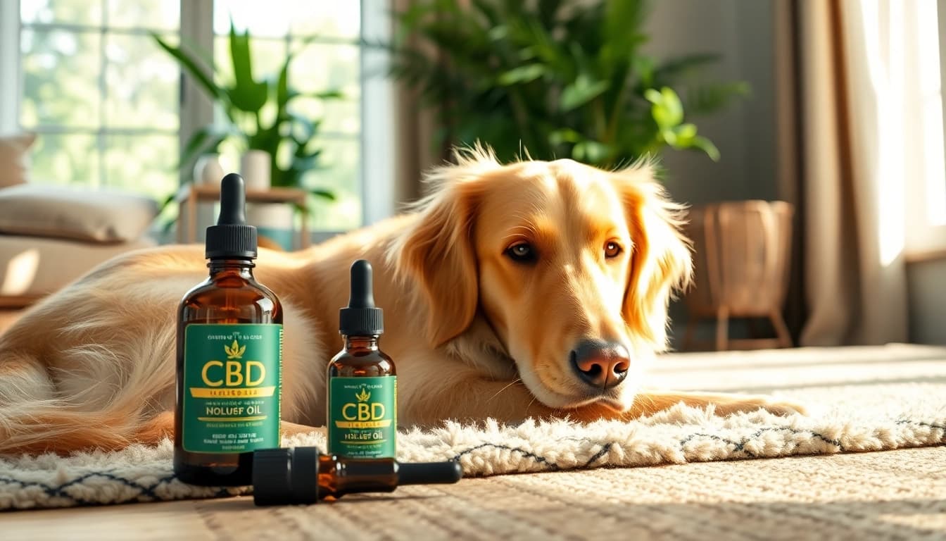 Golden retriever enjoying CBD oil for dog in a cozy living room setting.