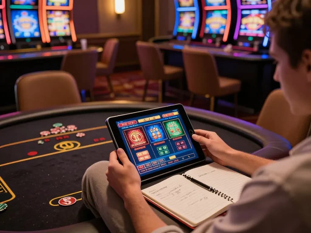 Taisunwin highlights strategic online gaming experience with a player engaged in tablet casino action and notes on bankroll management.
