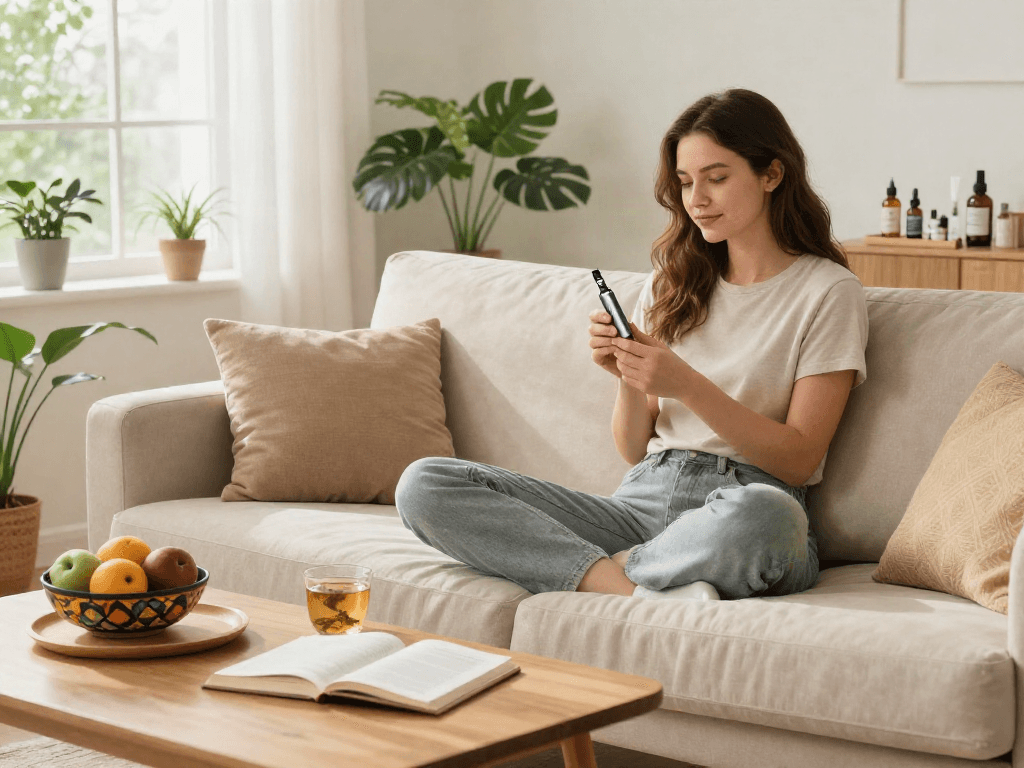 Muha meds disposable vape pen featured in cozy living room wellness scene with calming decor and organic CBD products.