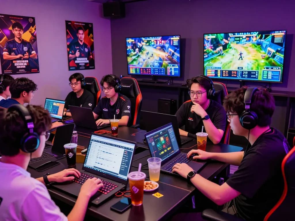 Exciting esports betting scene showcasing diverse gamers analyzing odds for esports betting Singapore.