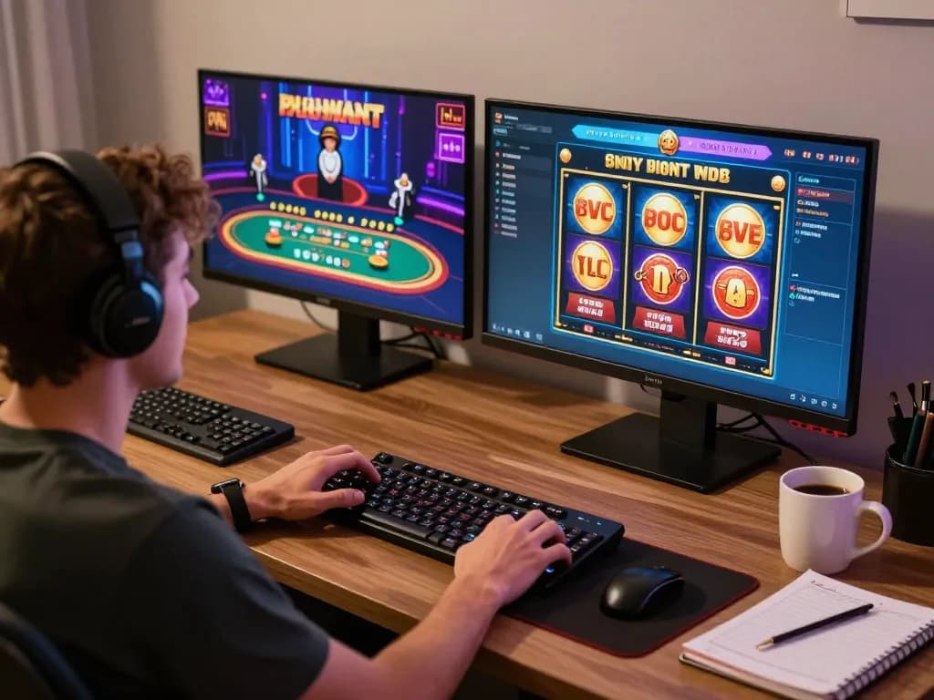 Player immersed in rr88 online casino gaming, showcasing vibrant slot and blackjack environments.