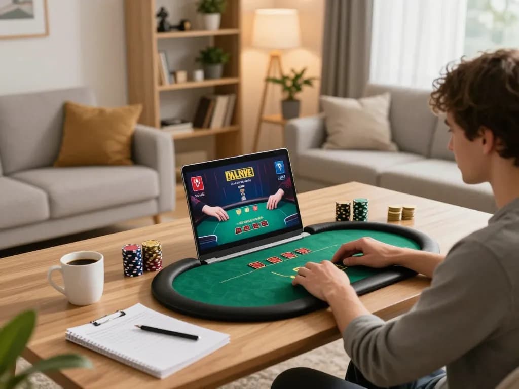 Experience strategic gameplay at home with bj886 poker on a laptop in a cozy setting.