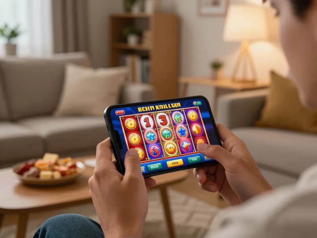 Engaging in slot bet kecil on a smartphone amidst cozy home atmosphere, demonstrating responsible gaming.