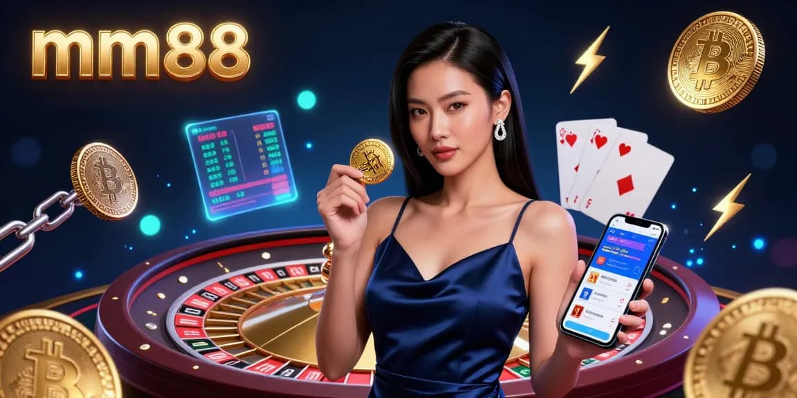 Experience thrilling gameplay at mm88, with a stunning Asian woman showcasing casino excitement surrounded by vibrant digital elements.