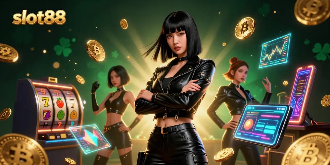 Experience exhilarating gameplay with slot88 in a futuristic casino setting filled with Bitcoin coins.