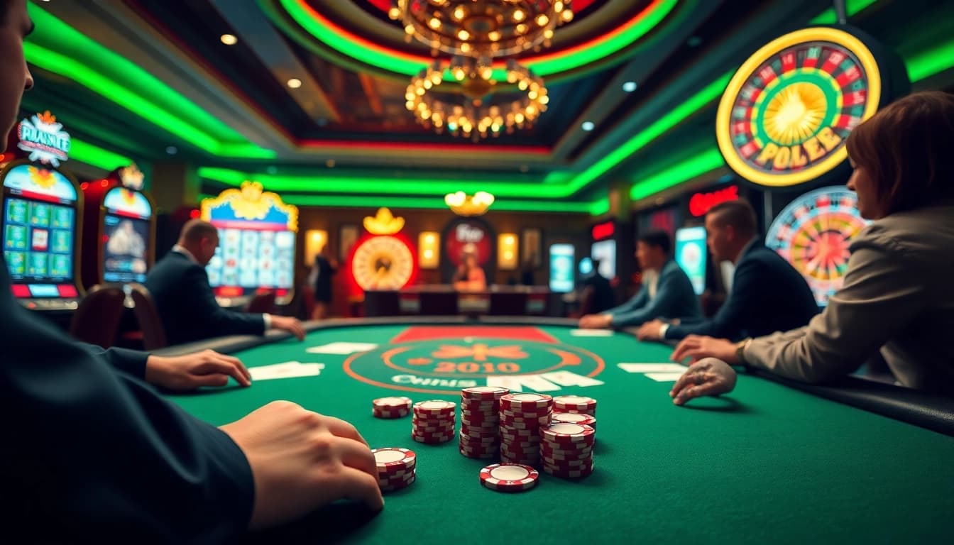 Engaged players at a poker table capturing the excitement of gambling at https://rr88co.net/ in a luxurious casino setting.