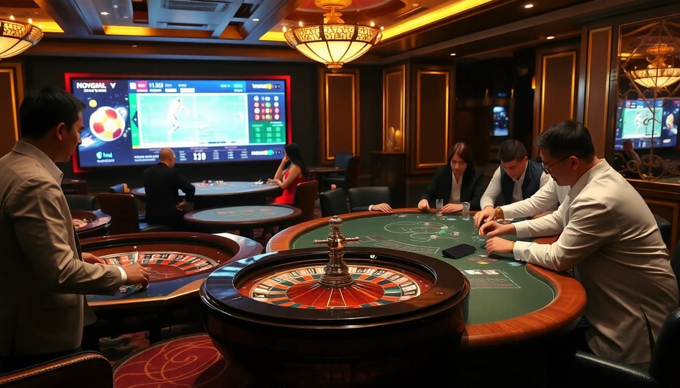Engaging in Nowgoal bóng đá betting at a vibrant casino with poker tables and live scores.