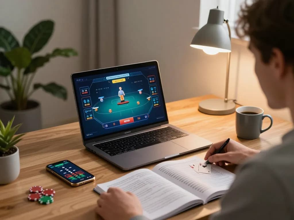 Engaging in online poker at https://l567.tech/ with strategy notes and a laptop