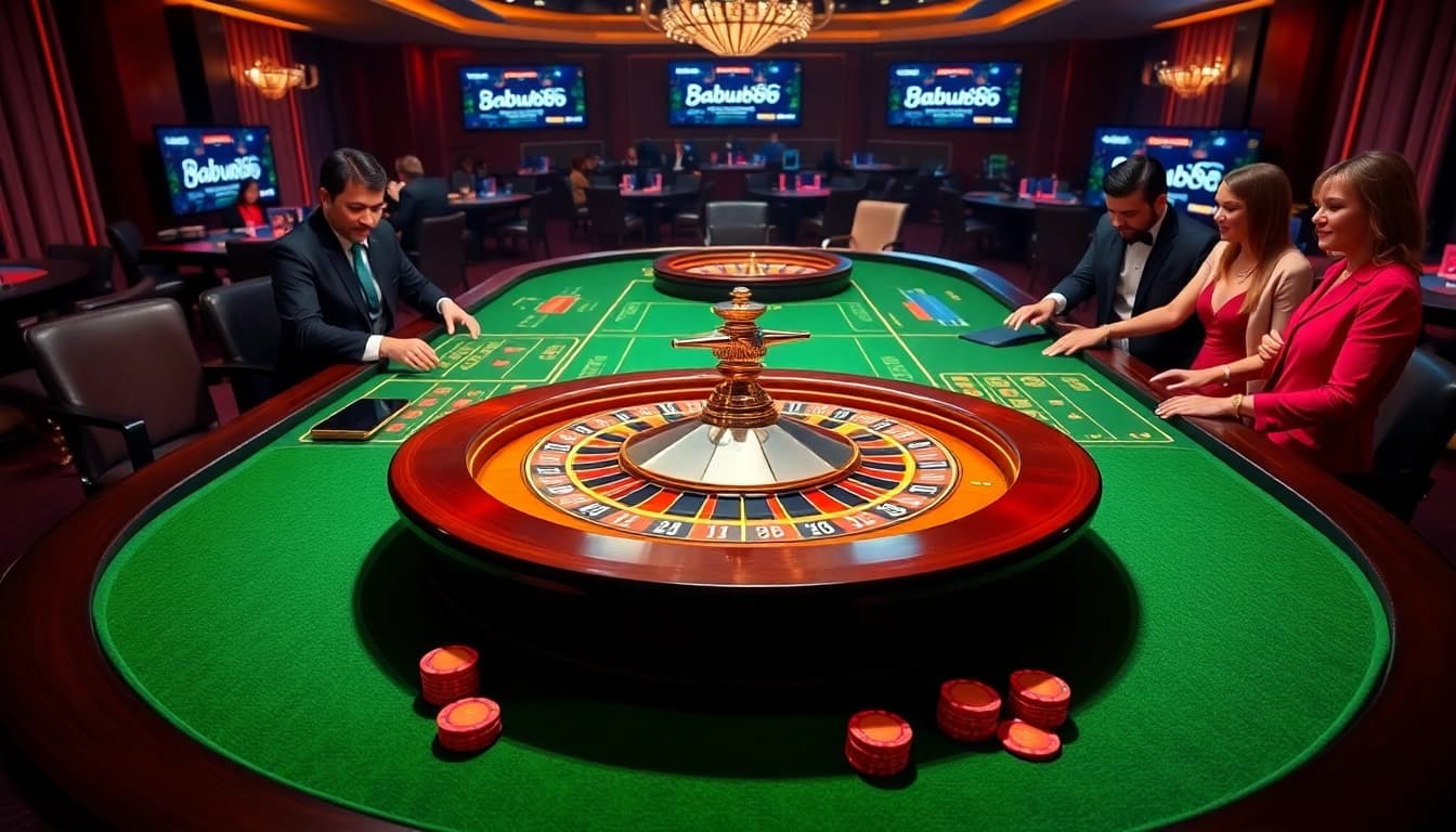 Experience thrill at Babu88.global with an elegant roulette table surrounded by excited players.