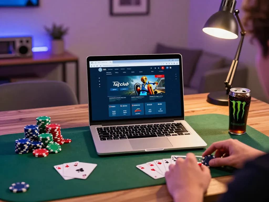 Engaging scene of a player using the tải hitclub app on laptop, surrounded by poker chips and cards.
