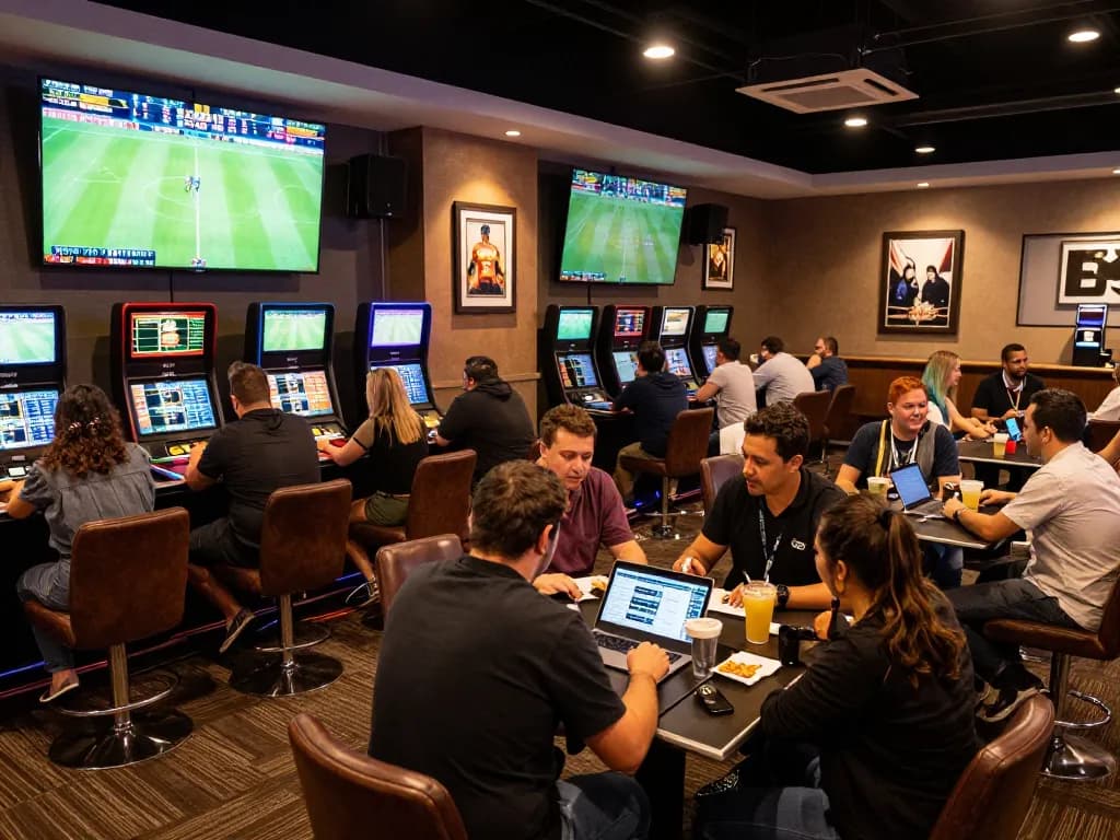Betting enthusiasts analyzing keonhacai sports odds in a lively casino lounge