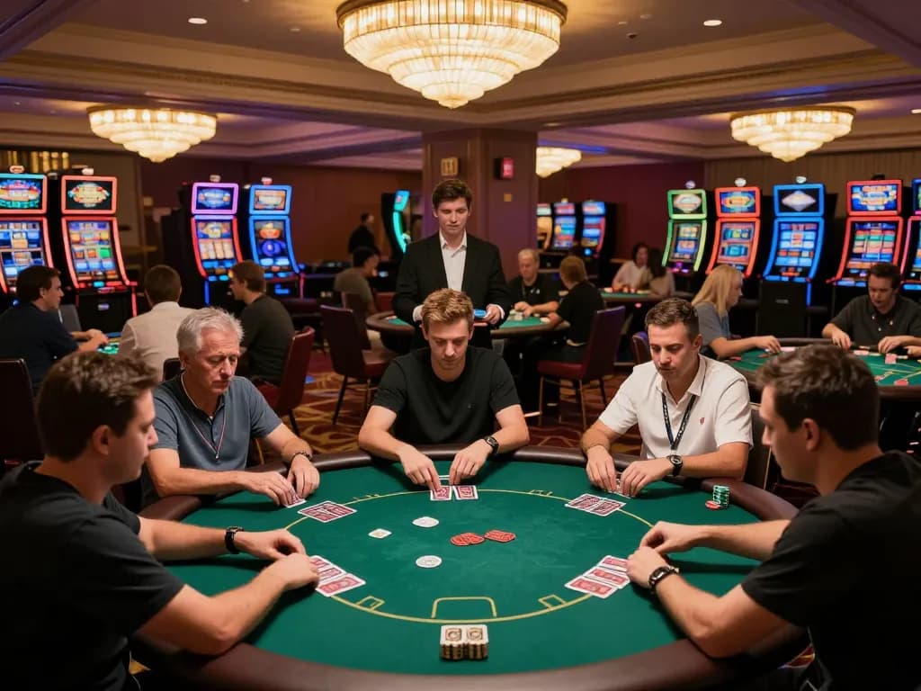 Players engaged in a poker game at a vibrant casino floor, immersively showcasing https://s8inc.com/ atmosphere and strategy.