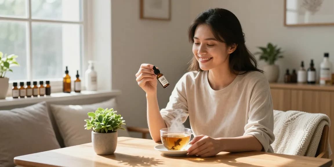 Buy CBD Canada - Woman enjoying organic CBD oil in a cozy home setting with wellness products.