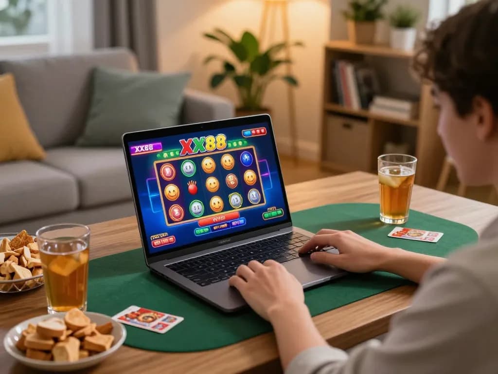 Engaging session of XX88 online gaming in a cozy home setting, showcasing colorful slot graphics