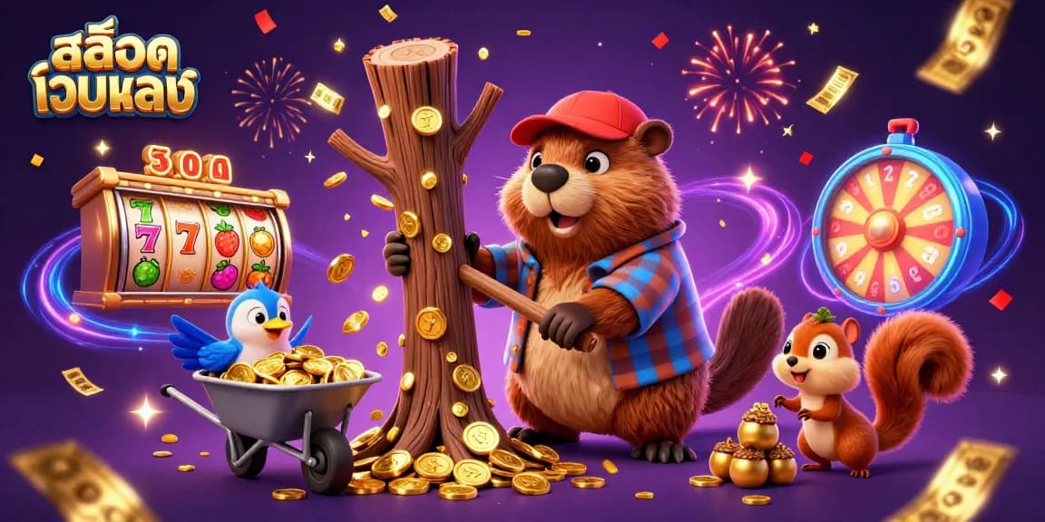 Experience excitement with สล็อตเว็บตรง as the beaver chops trees for golden coins amidst festive gambling elements.