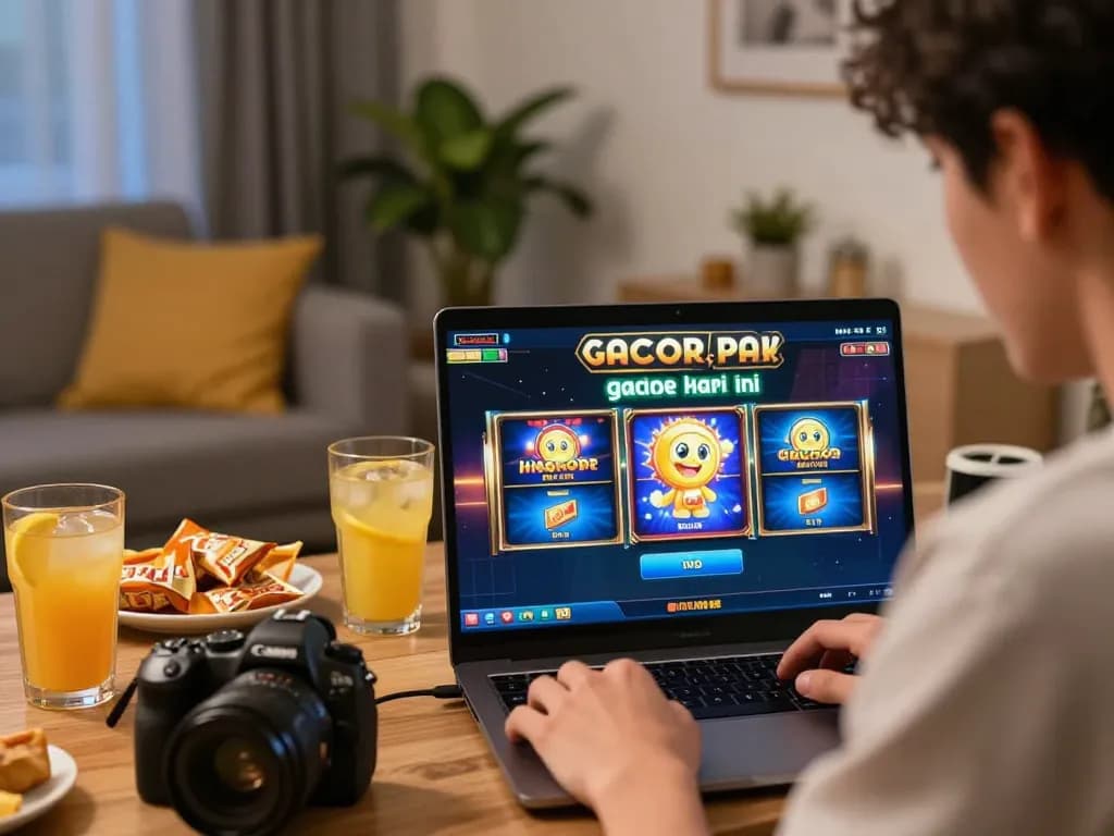 Player engaged in slot gacor hari ini gaming on a laptop, focused and strategic in a cozy home setting.
