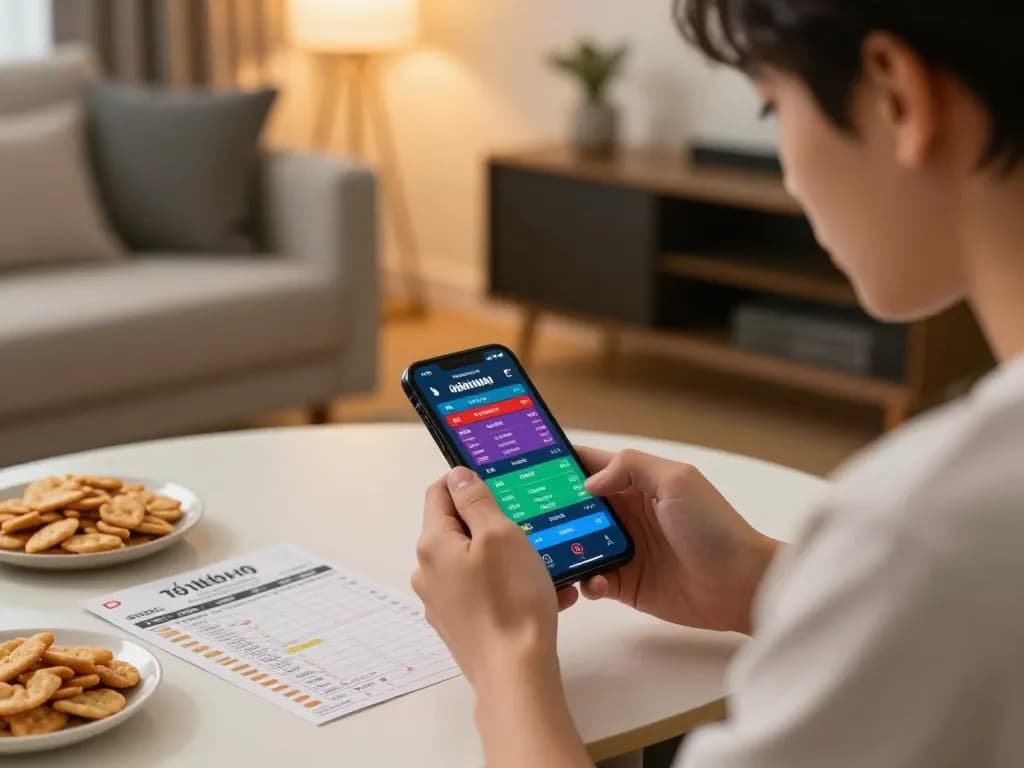 Engaged user checking tỷ lệ kèo nhà cái hôm nay on smartphone during online sports betting session