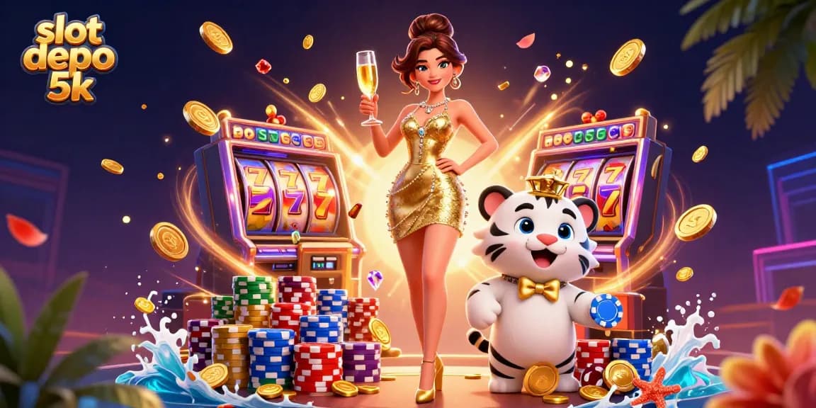 Engage in fun with slot depo 5k as luxurious characters celebrate amidst cascading coins and vibrant casino elements.