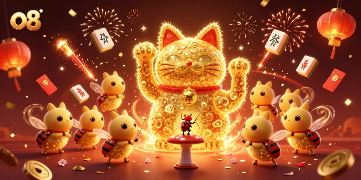 Experience the thrill of o8 casino with a lucky cat and vibrant celebration elements!