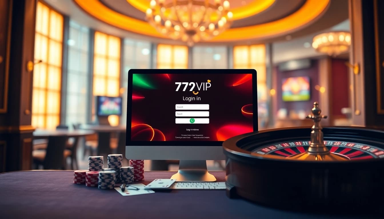 Experience the excitement of 777VIP Login in a luxurious online casino setting filled with vibrant gaming elements.