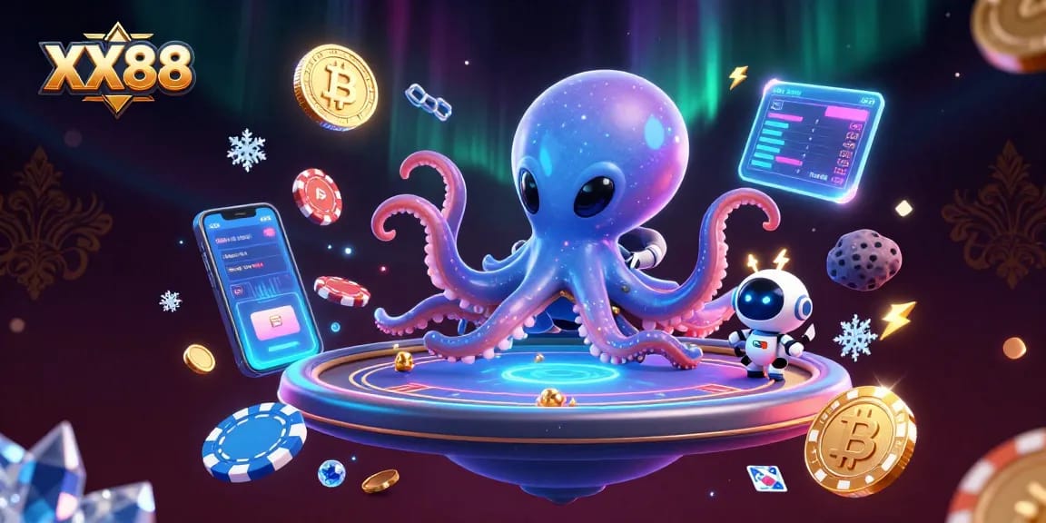 Engage in thrilling gameplay at XX88 casino with 3D alien octopus operating holographic poker tables.