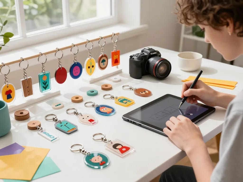 Customized keychain design process with vibrant materials in a bright creative studio.