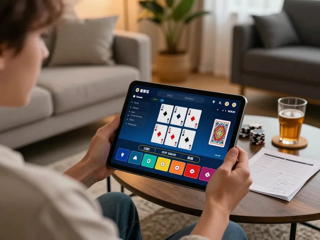 Player using fly88 gaming app on tablet while enjoying a cozy home environment.