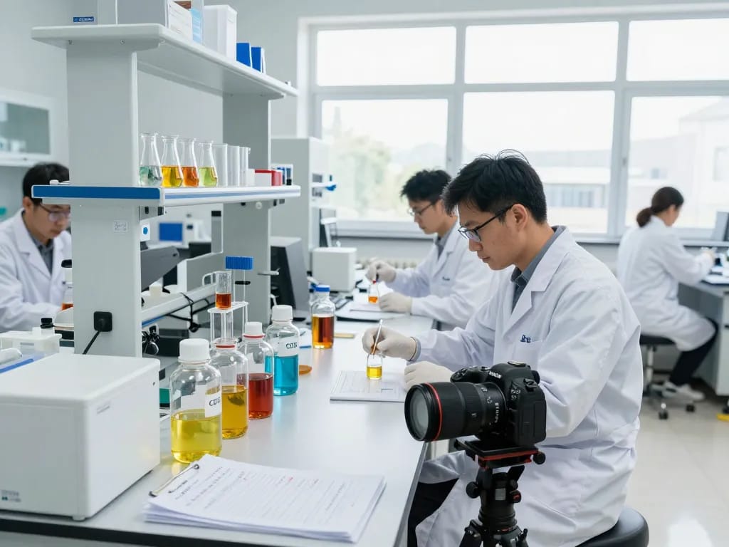 High-tech lab scene featuring an EU cannabinoid manufacturer team analyzing premium extracts for compliance and quality.