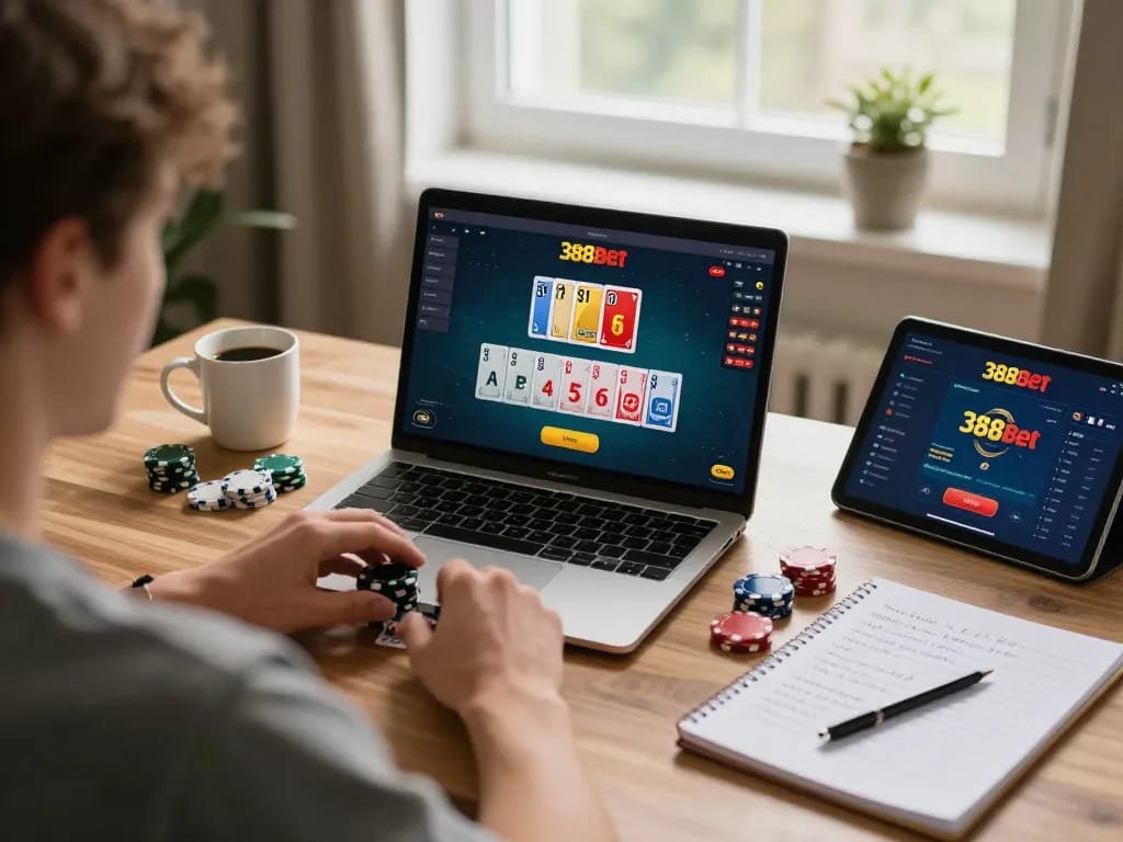 Player engaging in an online poker game with the 388bet app in a cozy home office