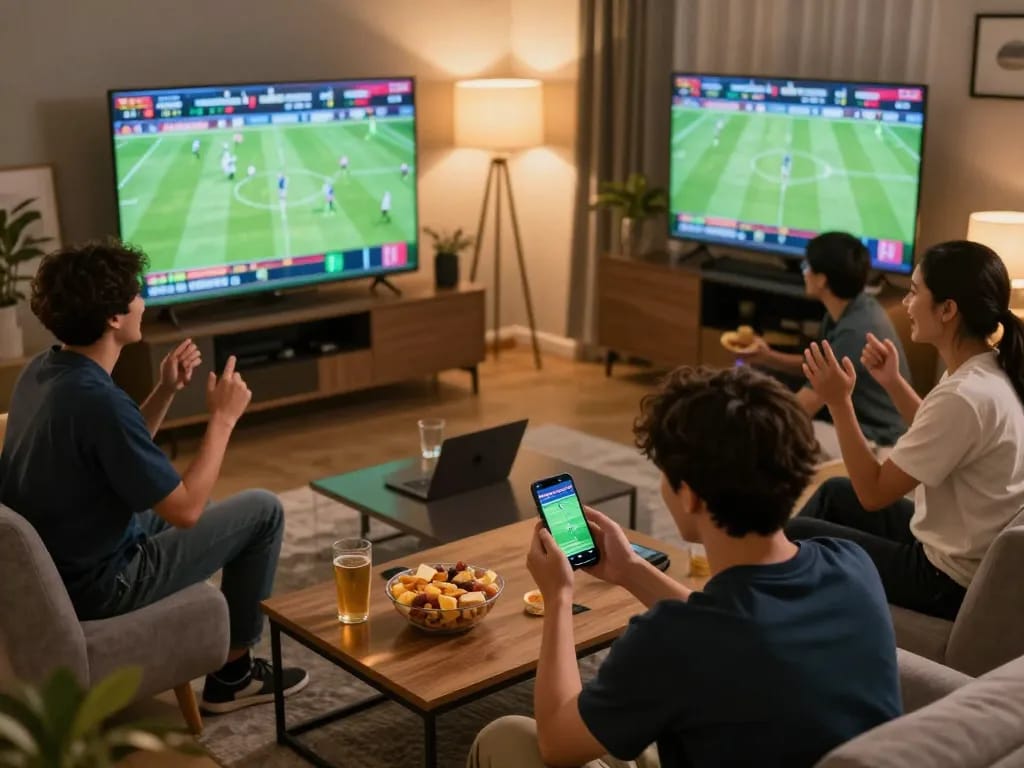 Placing a keonhacai bet on a smartphone, surrounded by friends enjoying sports betting.