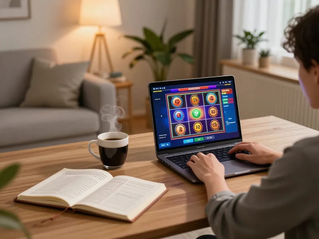 Engaging online gaming moment with 99win on a laptop showcasing vibrant slot game interface in a cozy home setting.