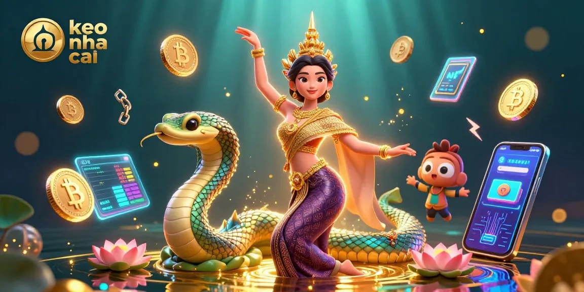 Engage with keo nha cai in this vibrant illustration featuring a graceful dancer, Naga serpent, and thrilling casino elements.