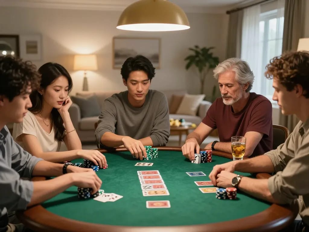 Engaging in poker while đăng nhập fly88 with friends in a cozy home environment.