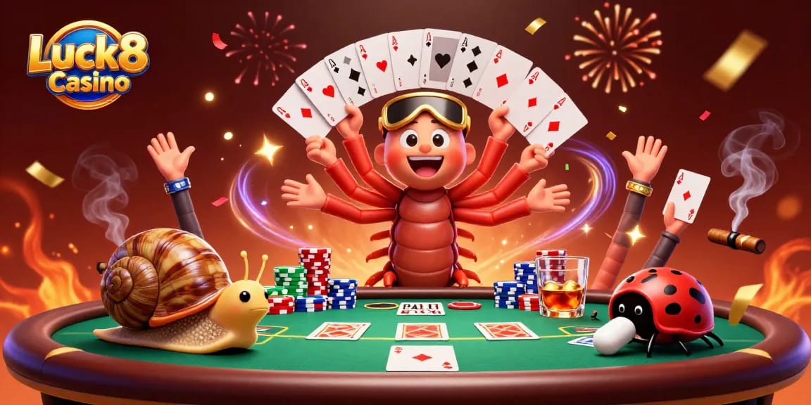 Experience the thrill at Luck8 Casino with animated characters and poker action.