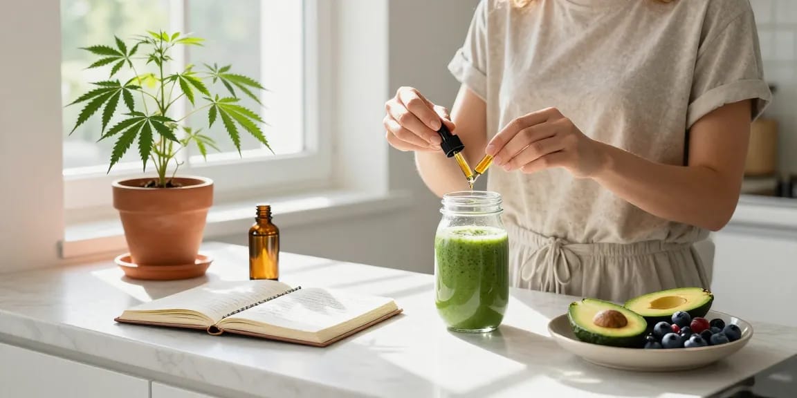 Creación de contenido de marketing con productos CBD, aceite y smoothie en cocina natural.