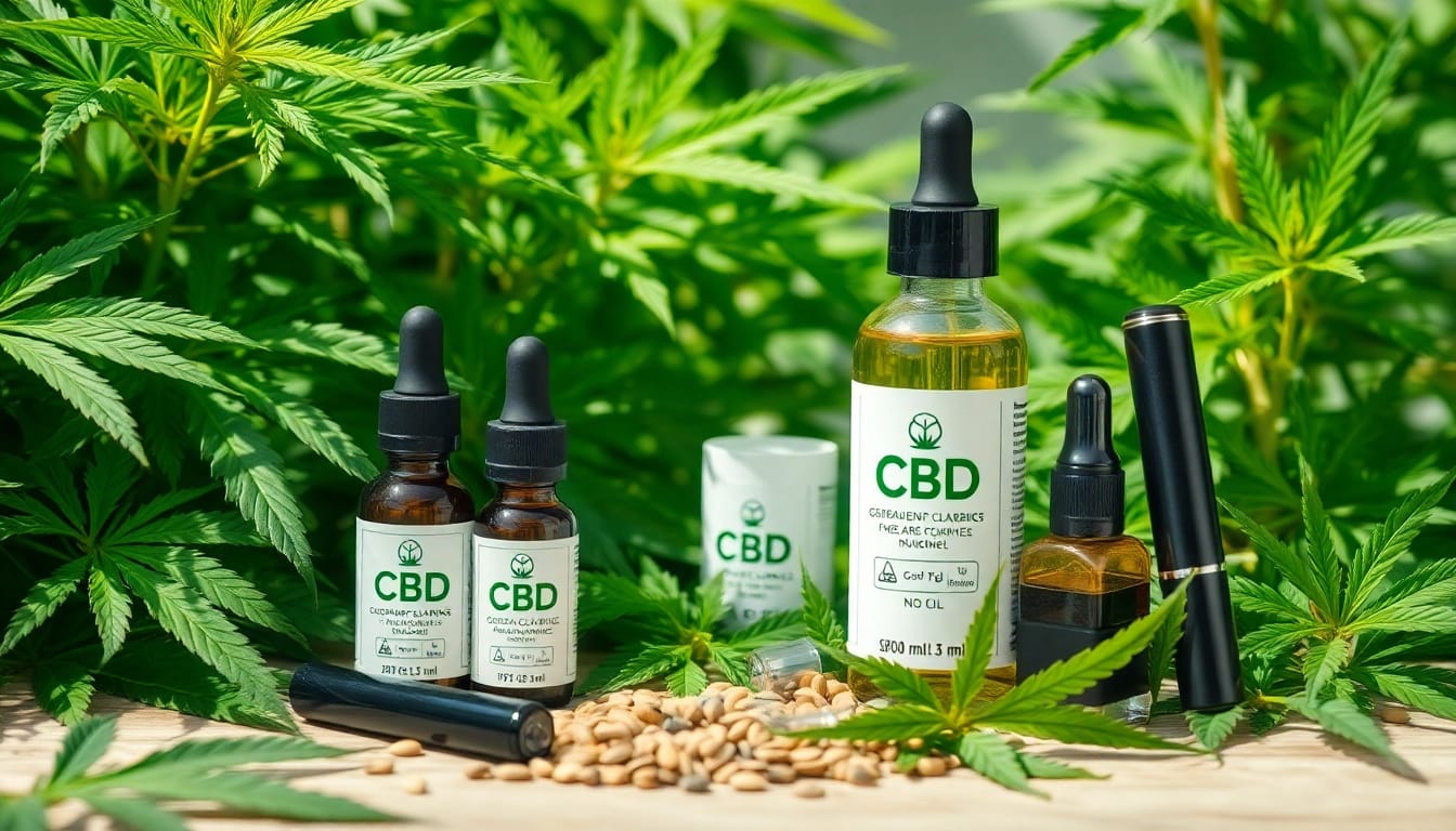 High-quality cbd öl bottles displayed with hemp extract and vape devices in a natural wellness setting.